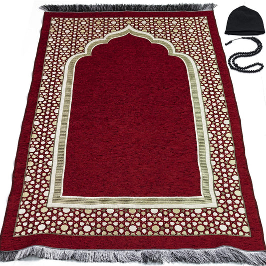 Modefa Turkish Islamic Prayer Mat - Thin Woven Chenille Sajjadah - Intricate Praying Rug Ramadan Eid Gift - Traditional Muslim Janamaz Sajada for Men Women - Geometric Selcuk Star (Red)