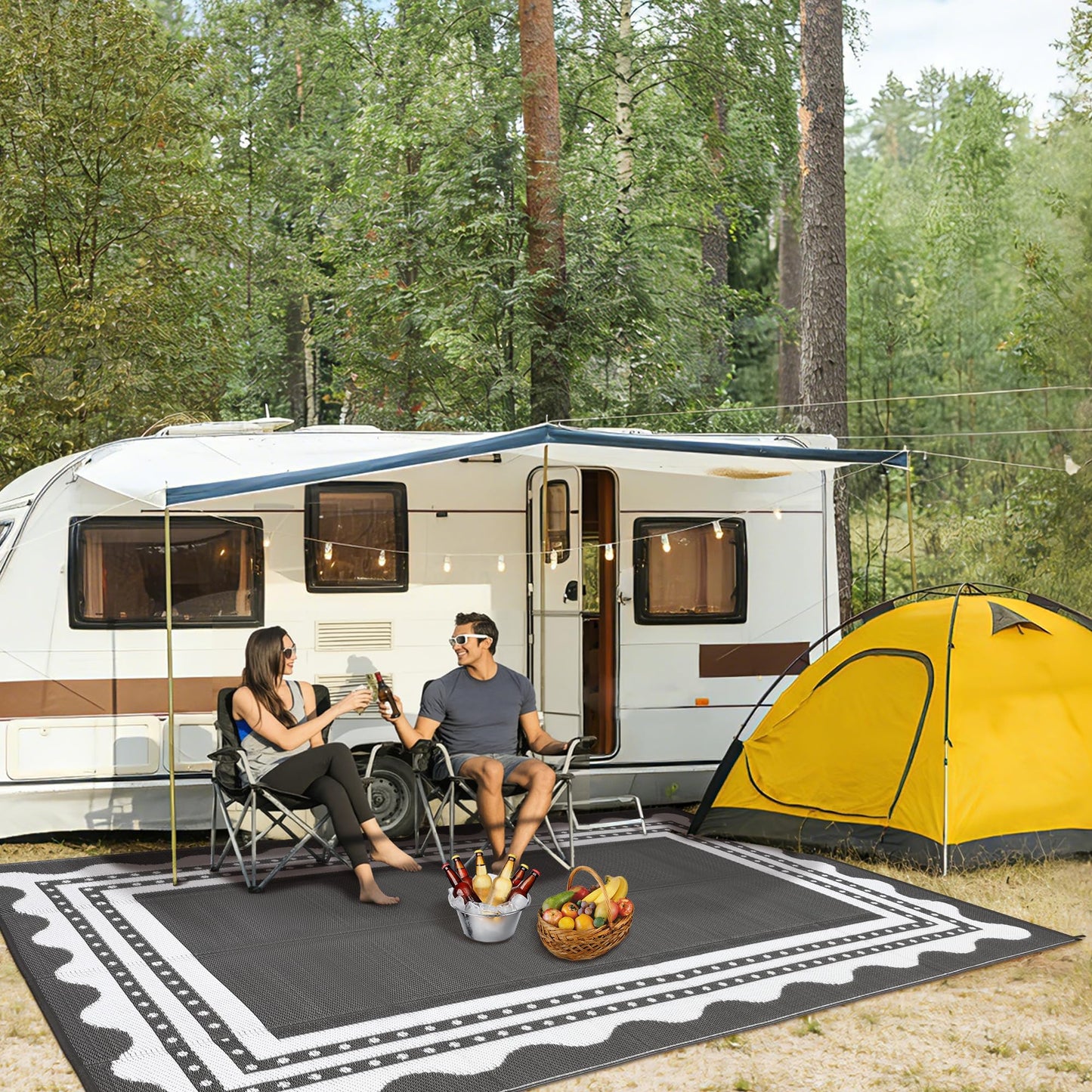 IDEALHOUSE Waterproof Outdoor Rug 8x10 for Patio, Reversible Modern Area Rug, Large Plastic Straw Mat for Camping, RV, Porch, Backyard, Deck, Picnic, Beach, Grey & White