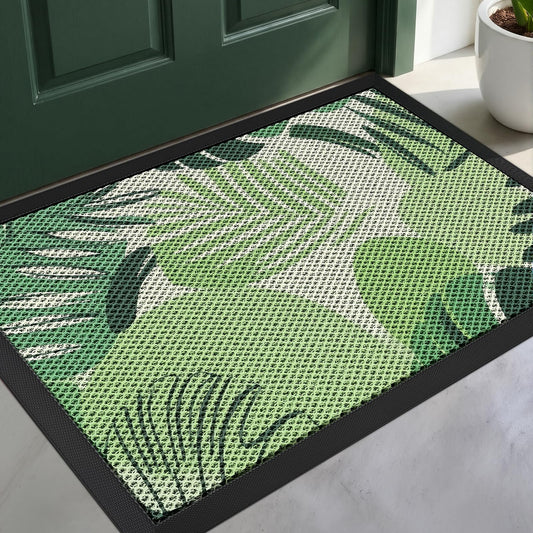 WELDUN Front Door Mat, Heavy Duty Non-Slip Rubber Dirt Trapper, Quick-Dry Low-Profile Washable Easy Clean, Welcome Mat for Indoor Outdoor Entryway Porch Patio Garage Mudroom 30"x17", Green Leaves