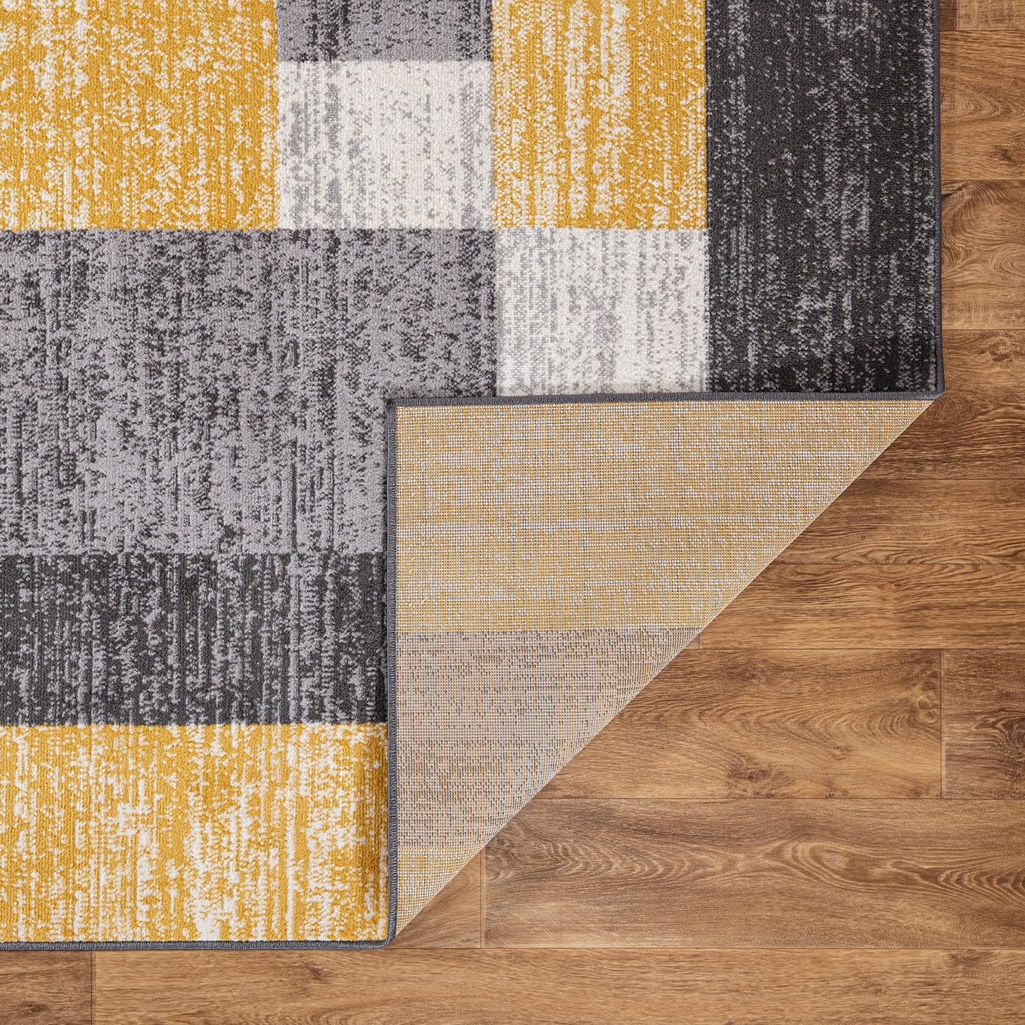 Rugshop Oslo Modern Yellow Area Rug, Geometric Boxes Design, Carpet with Jute Backing for Living Room or Bedroom, 7'10" x 10'