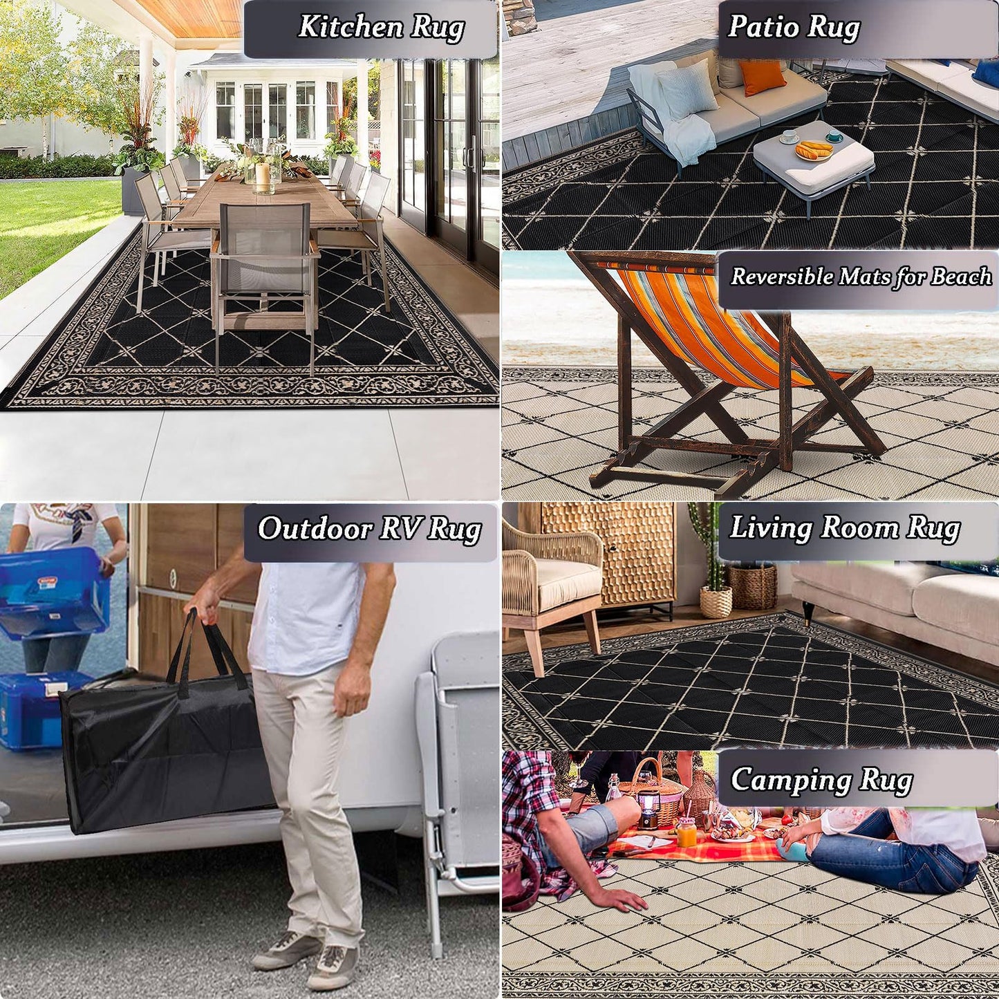 HiiARug Outdoor Rug 8'x10' for Patios Waterproof Patio Rugs Outdoor Mats for Front Porch,Beach Mat,Reversible Plastic Straw Camping Rugs for Outside RV,Deck,Balcony,Backyard，Black&Beige