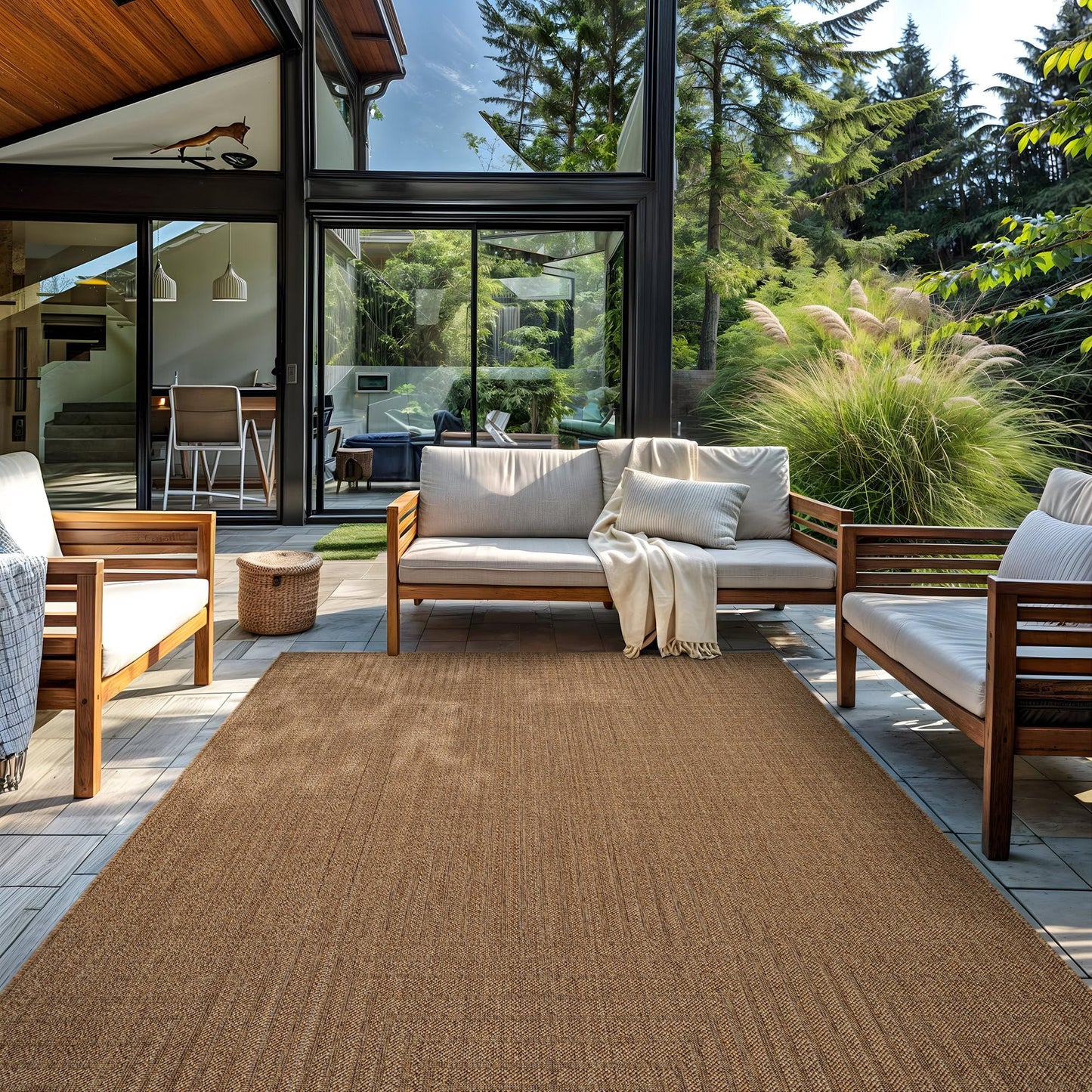 Rugshop Geometric Lines Indoor Outdoor Flat Woven Area Rug,Natural Jute-Style,Easy-Care Patio Rug for Backyard Porch Deck Balcony, 6'6" x 9' Natural/Jute