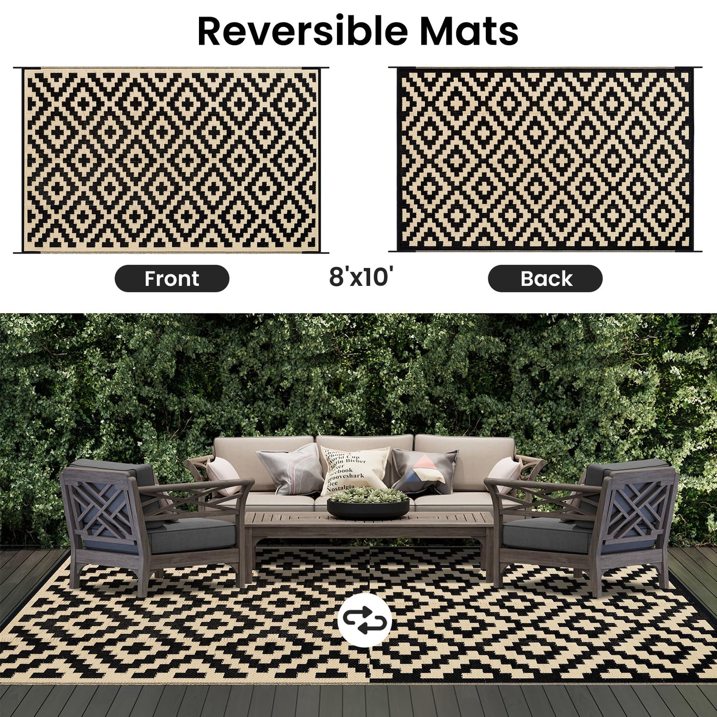 Smiry Waterproof Outdoor Rug 8x10 ft, Reversible Plastic Straw Patio Camping Rugs, Outdoor Indoor RV Mat Carpet for Patio, Outside Entry, Backyard, Deck, Bench, Picnic, Camper, Black & Beige