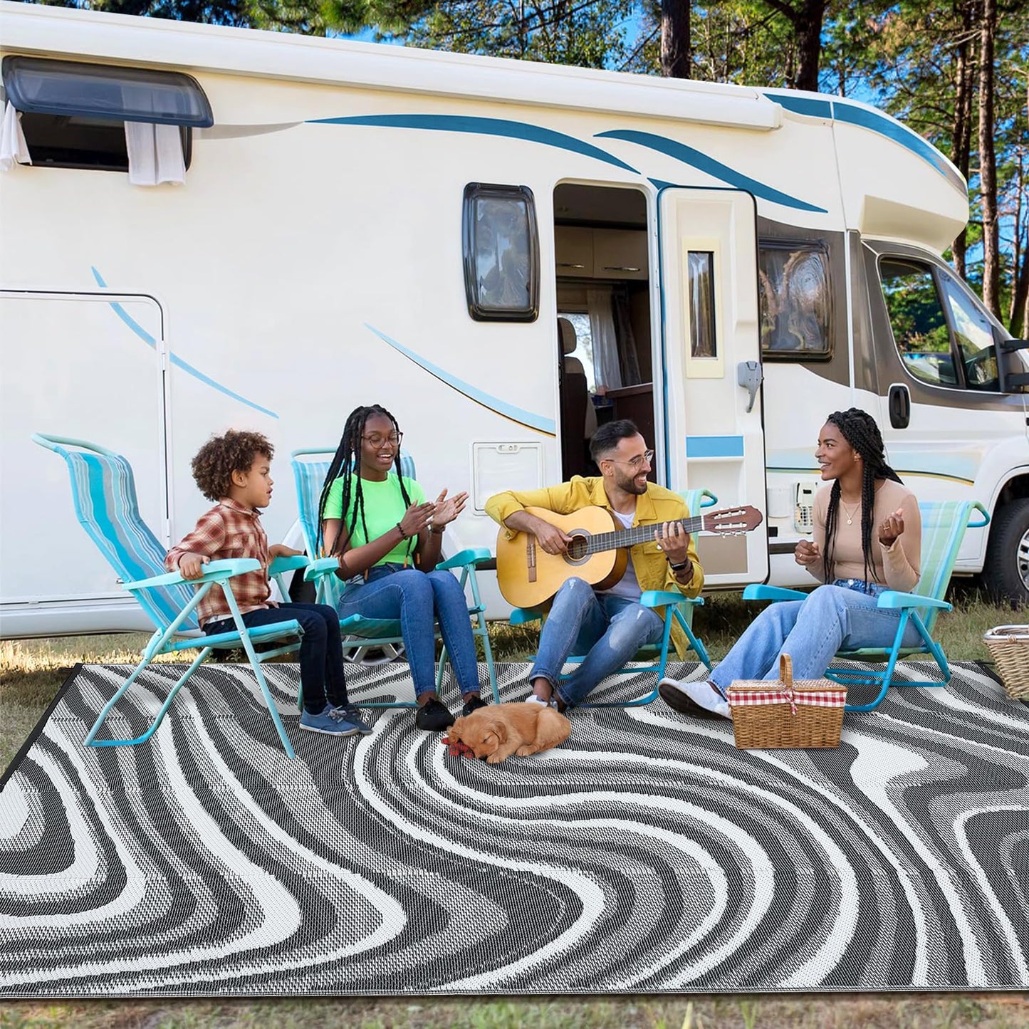 Garvee Outdoor Rug 9x18 Patio Waterproof, Abstract Outdoor Plastic Straw Rug, Camping Rugs for Outside Your RV, Reversible UV Resistant Mats with Portable Bag for Backyard, Deck, Picnic, Black Grey