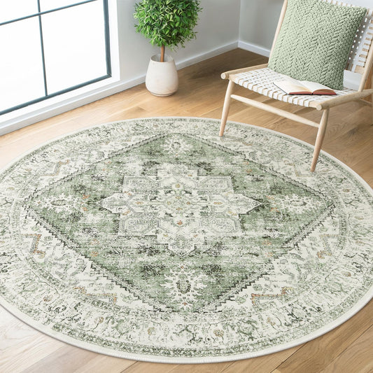LIVEBOX Medallion Round Area Rug 5ft, Vintage Washable Sage Green Circle Rug for Bedroom, Low-Pile Soft Round Carpet for Living Room, Ideal for High Traffic Areas in Entryway