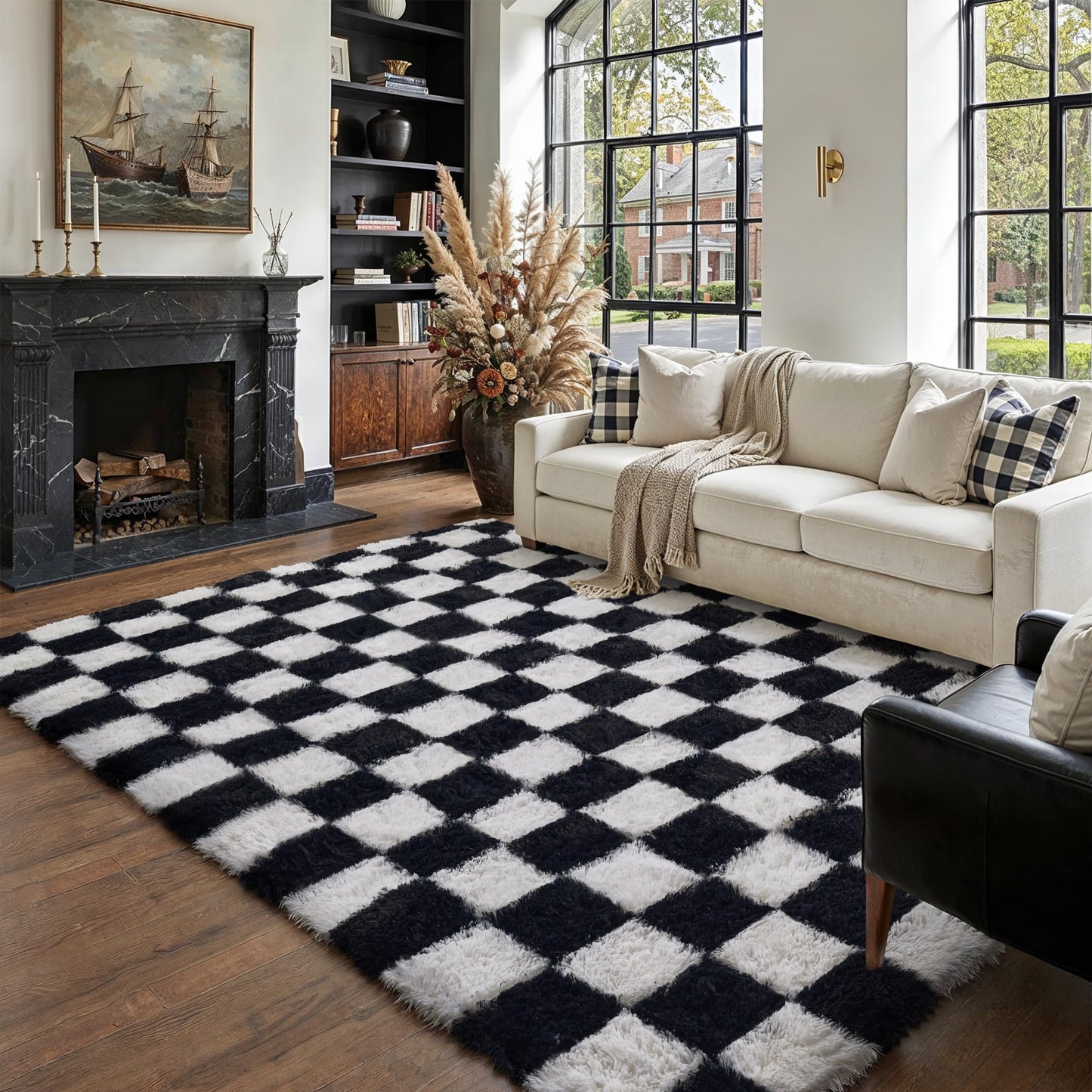 PureCozy Checkered Rug 5x8 for Living Room, Black and White Modern Shag Rugs Super Soft Washable Indoor Office Fuzzy Carpet Non-Slip Fluffy Rugs for Bedroom Home Aesthetic Decor