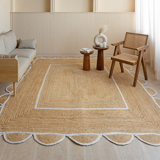 HOMEMONDE Scalloped Jute Rug - 5 x 8 ft Rectangular Natural Boho Home Decor Handmade Farmhouse - Braided Rustic Vintage Area Rug for Living Room, Bedroom, Dining Room