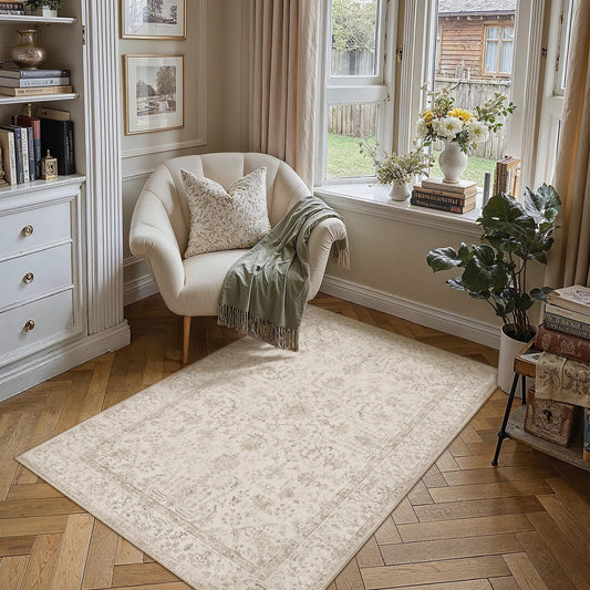 WondRg 3x5 Beige Neutral Area Rug for Entryway Machine Washable Low Pile Mat Vintage Accent Soft Non Slip Small Carpet for Bathroom Entrance Decor Bedroom Indoor