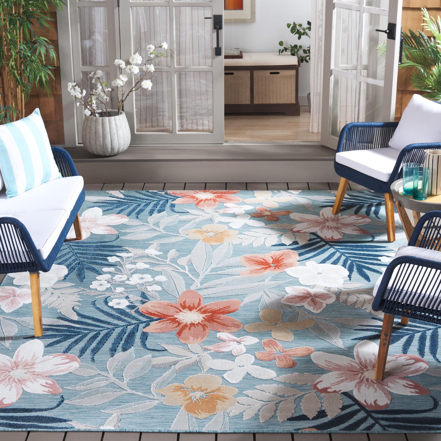 SAFAVIEH Washable Rug Outdoor Cabana Collection - 8' x 10', Aqua & Rust, Non-Shedding & Easy to Clean, Ideal for Patio, Backyard, Mudroom (CBN454J)