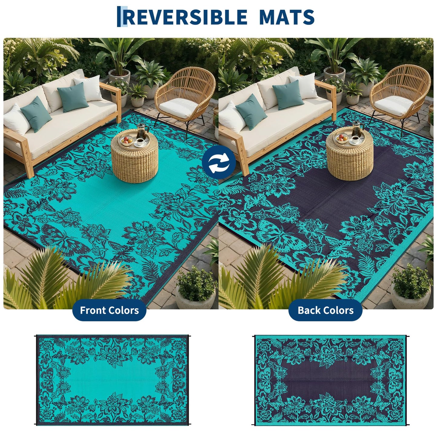 GarveeHome Outdoor Rug 9x12 Patio Waterproof, Reversible Plastic Straw Rugs for Camping, Picnic, Balcony, Porch, RV, Easy-Clean & Quick Dry Floral Pattern Large Indoor Outdoor Carpet, Teal
