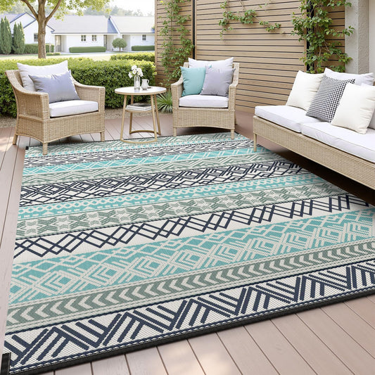 MontVoo Outdoor Rug Carpet Waterproof-Patio Rug Mat 5x8 Reversible RV Outdoor Camping Rugs Picnic Beach Mats Plastic Straw Outside Rugs for Balcony Porch Pool Deck Boho Patio Decor