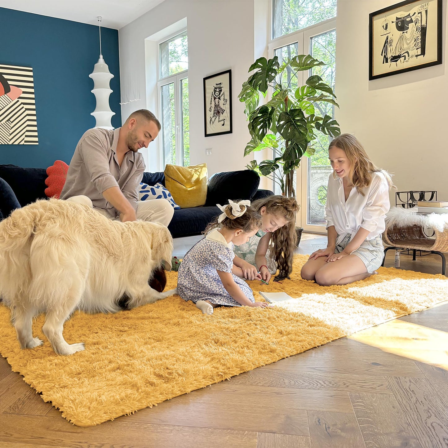 OLANLY 5x7 Machine Washable Large Area Rugs for Living Room, Bedroom, Soft Fluffy Shaggy Bedside Rug, Indoor Floor Carpet for Kids Girls and Boys, Dorms, Nursery, Home Decor Aesthetic, Mustard Yellow