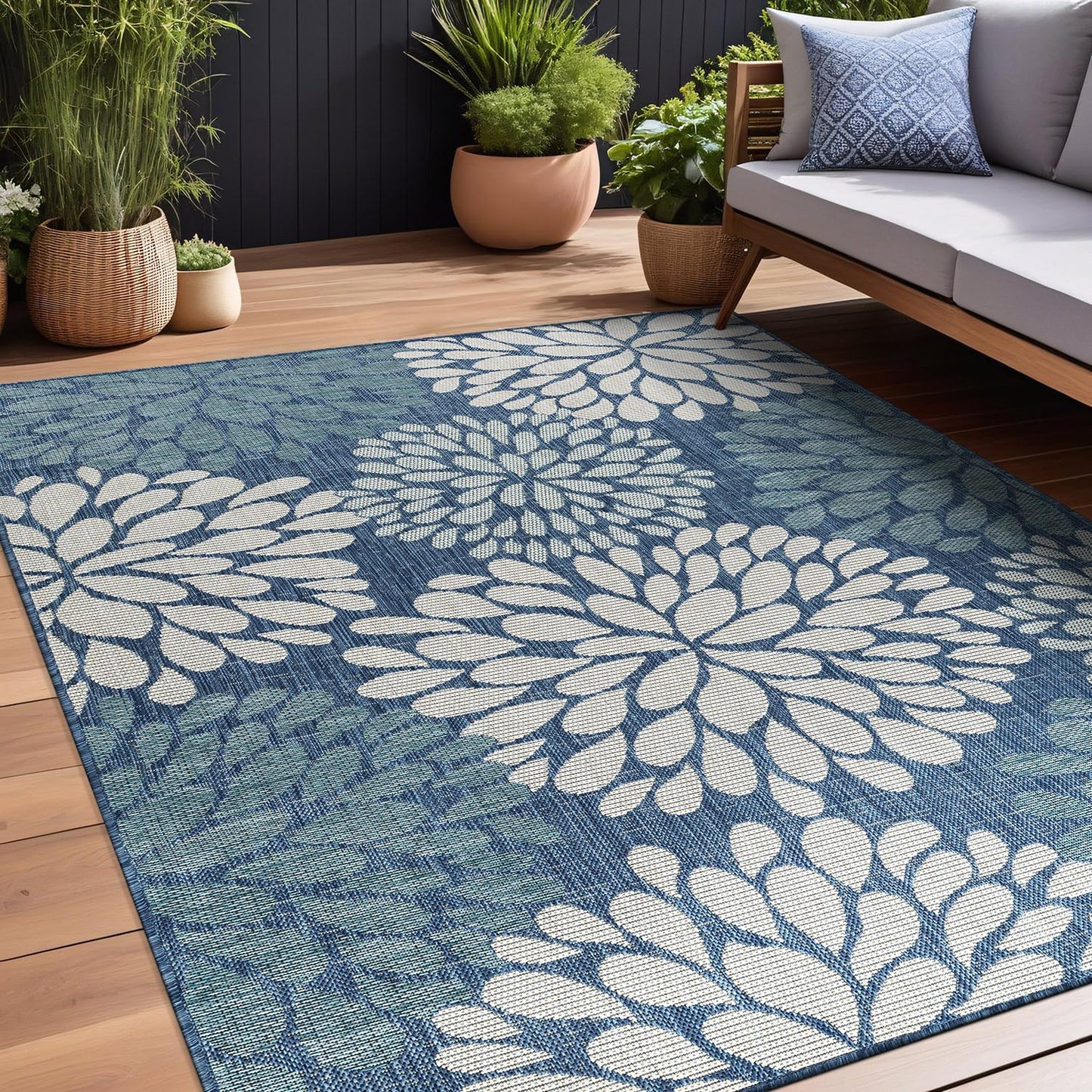Beverly Rug Outdoor Rug 8x10 Modern Exotic Tropical Leaf Area Rugs for Indoor and Outdoor Patio Deck Porch Garden Water Resistant Washable Outside Carpet (8 x 10 Blue)