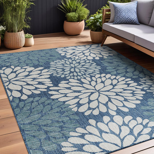 Beverly Rug Outdoor Rug 8x10 Modern Exotic Tropical Leaf Area Rugs for Indoor and Outdoor Patio Deck Porch Garden Water Resistant Washable Outside Carpet (8 x 10 Blue)
