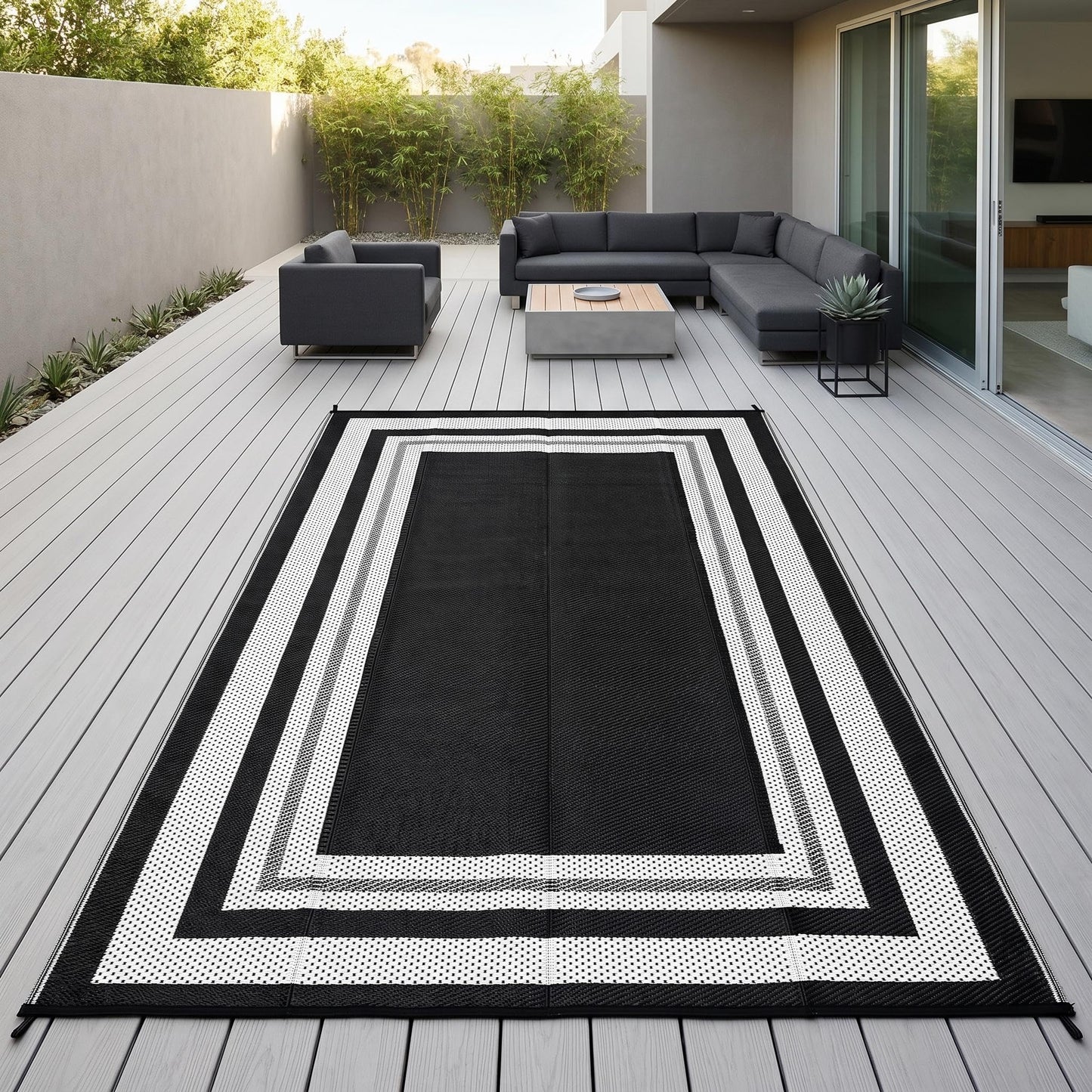 IDEALHOUSE Outdoor Rug, 320GSM Thick PP Woven, Modern Border A, Reversible Foldable, Lightweight Anti Scuff, Decorative Floor Mat for Patio Balcony Camping, Black White 10x14ft