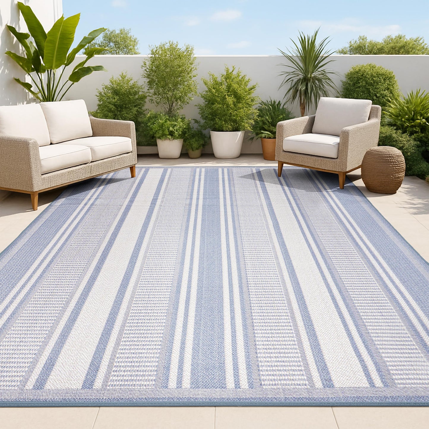 JONATHAN Y Double Stripe Indoor Outdoor Area Rug 8X10 Blue/Light Gray, Haynes Modern for Backyard, Patio, Porch, Easy-Cleaning, High Traffic, Pet-Friendly, Non-Shedding (SMB202E-8)