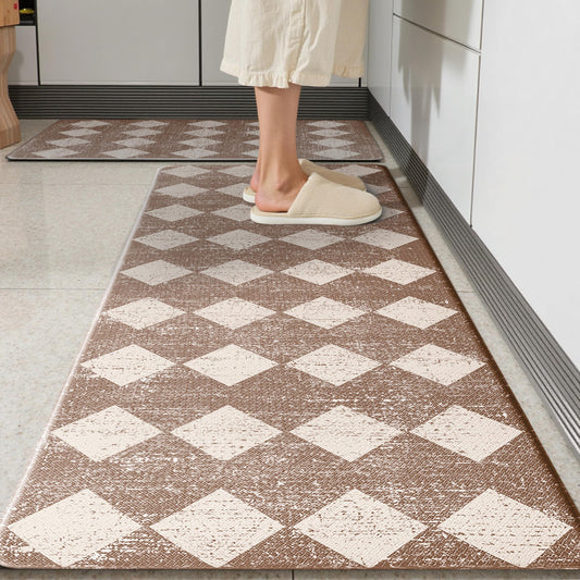 VivaNest Khaki Beige Moroccan Trellis Checkered Kitchen Rug Sets [2 PCs], Anti-Fatigue, Waterproof Non-Slip Kitchen Mats Heavy Duty Ergonomic Comfort Foam Rug for Floor, Home, Laundry,17"x29"+17"x47"