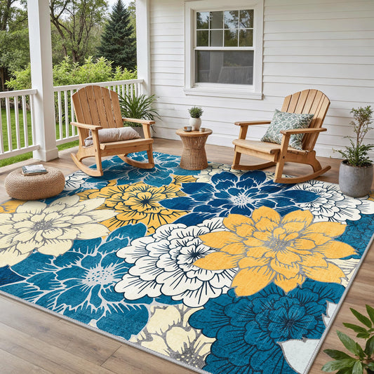 GENIMO Indoor Outdoor Area Rug 8' X 10' Waterproof, Washable Patio Rug Non Shedding, Easy Cleaning Floral Outdoor Carpet for Living Room, Bedroom, Dining Room, Balcony, Backyard, Blue