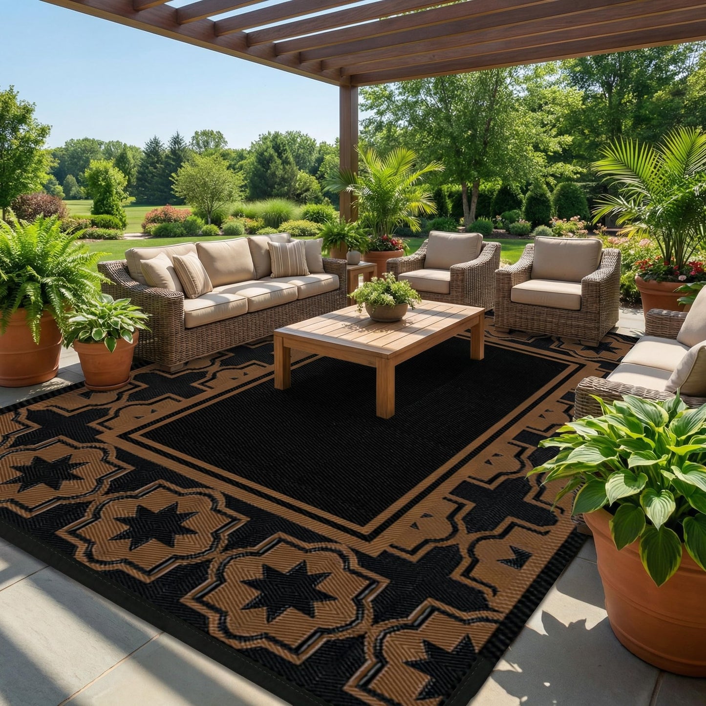 Haoyunll Outdoor Rug Geometric Black Brown 9x12 Waterproof, Extra Large Reversible Plastic Straw Outdoor Patio Rug 0.13" Thick for Backyard, Patio