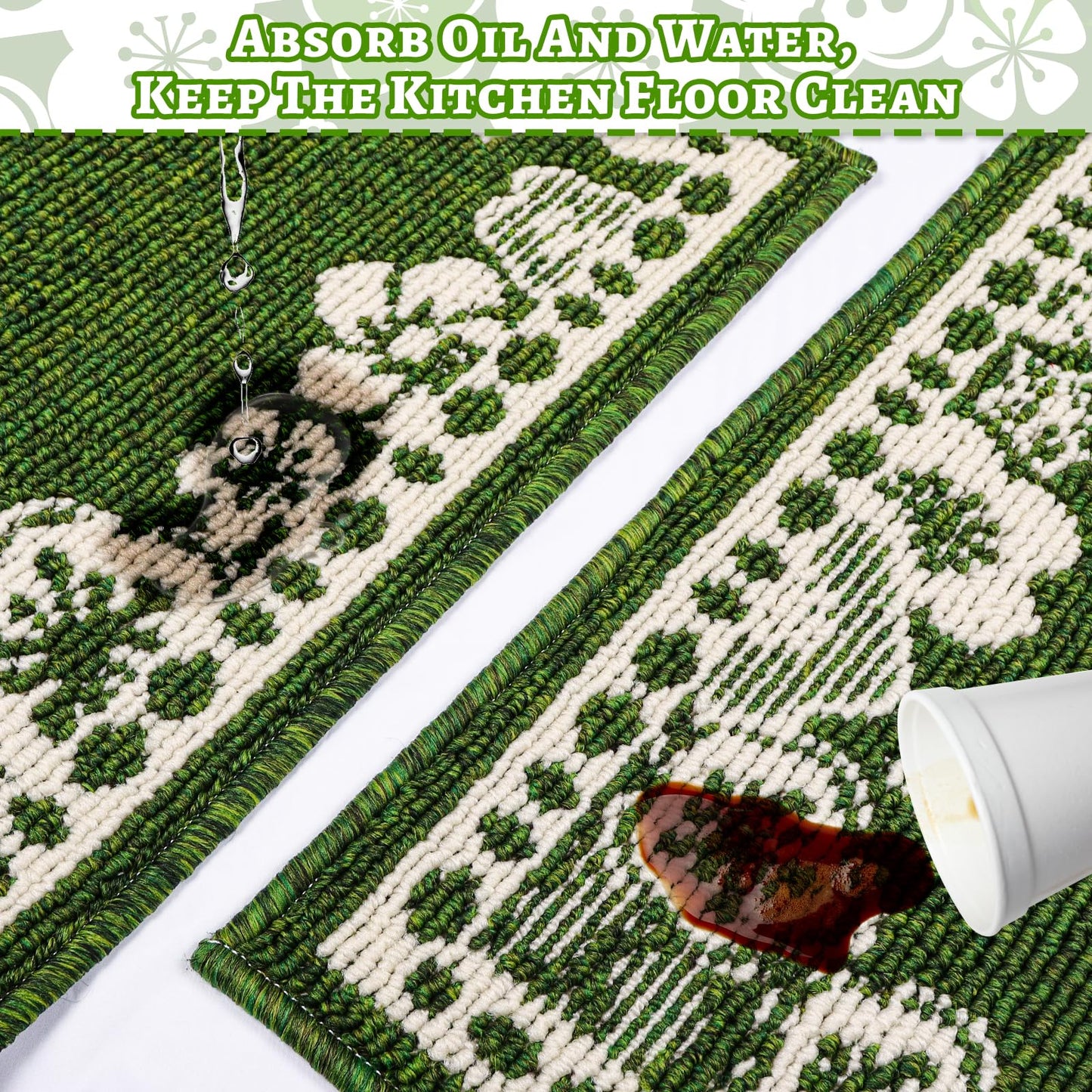 Kitchen Rugs Set of 3, Japanese Cherry Blossom Kitchen Mats for Floor Nylon TPR Non-Slip Washable Sink & Standing Mats Absorbent Resist Dirt Kitchen Runner Floral Rug (Green, 20"x59"+20"x47"+20"x32")