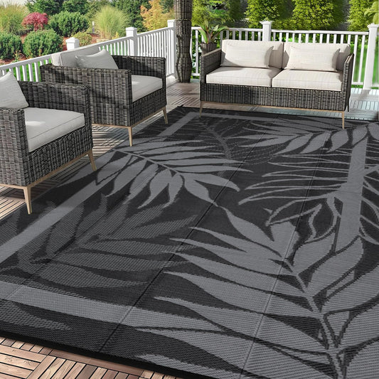 GAOMON 9'x18' Outdoor Rug Waterproof, Reversible Plastic Straw Rug for Large Patio, Backyard, Poolside, Deck – UV Resistant, Heavy Duty, Easy Clean Outdoor Carpet for High Traffic, Black&Brown