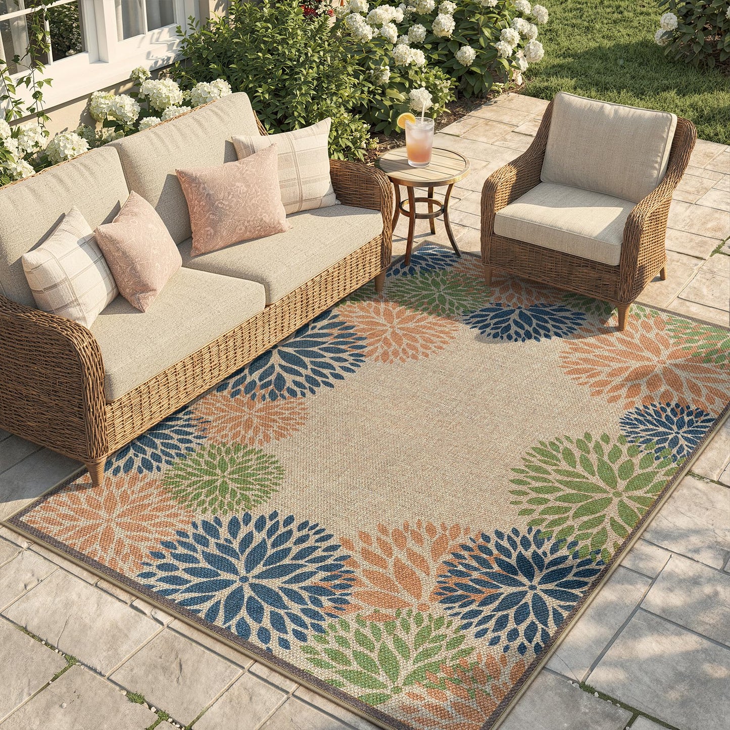 LIVEBOX Modern Easy Jute 5x7 Outdoor Rug, Washable Area Rugs for Living Room Patio Tropical Floral Indoor Outdoor Rug, Boho Farmhouse Non Slip Carpet for Backyard Foyer Dining Room(Olive, 5'x7')