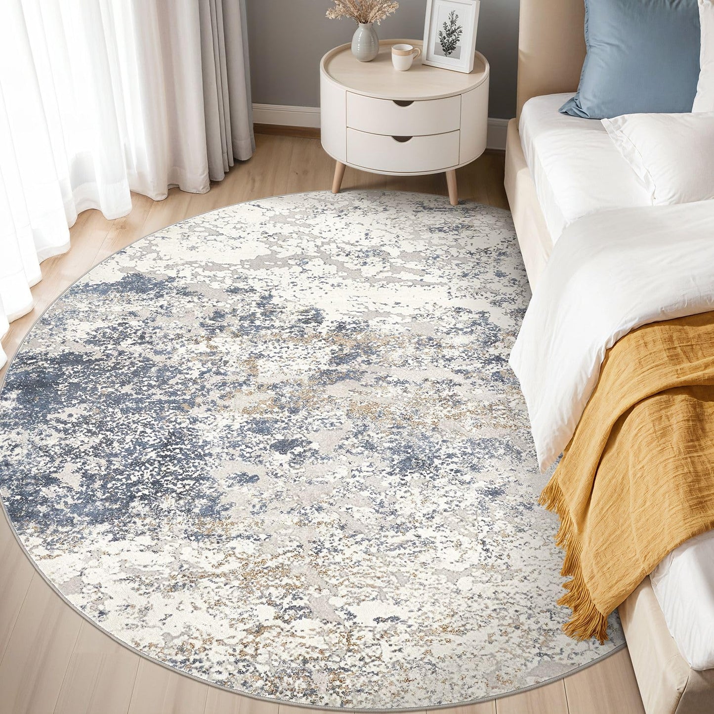 DMOYEST 6ft Round Area Rug Living Room Rugs - 6x6 Washable Large Soft Indoor Modern Abstract Low Pile Rug Carpet for Bedroom Dining Room Farmhouse Home Office - Beige Blue