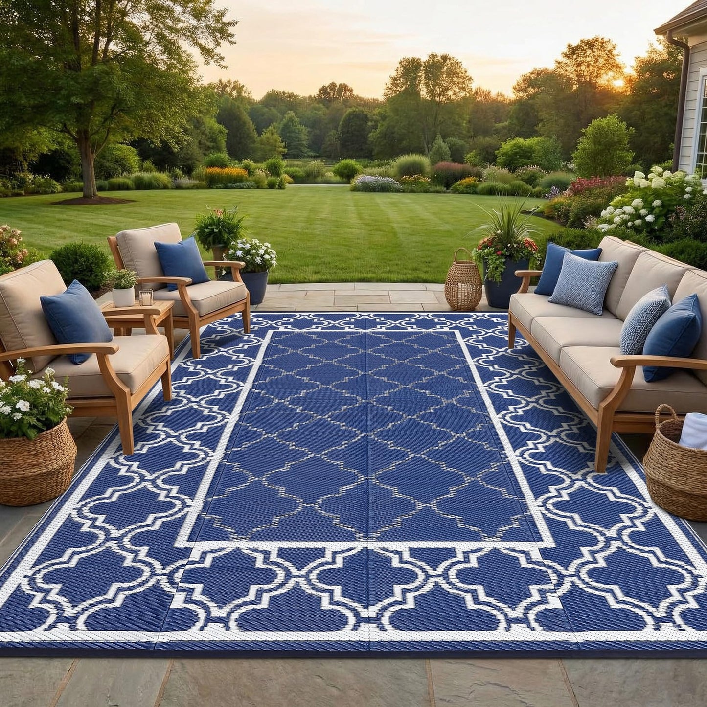 Garvee Reversible Outdoor Rug 9x12, Waterproof Outdoor Plastic Straw Rug with Interlacing Pattern, RV Mat for Picnics, Patio, Camping, Balcony, Deck, Backyard, Porch, Blue