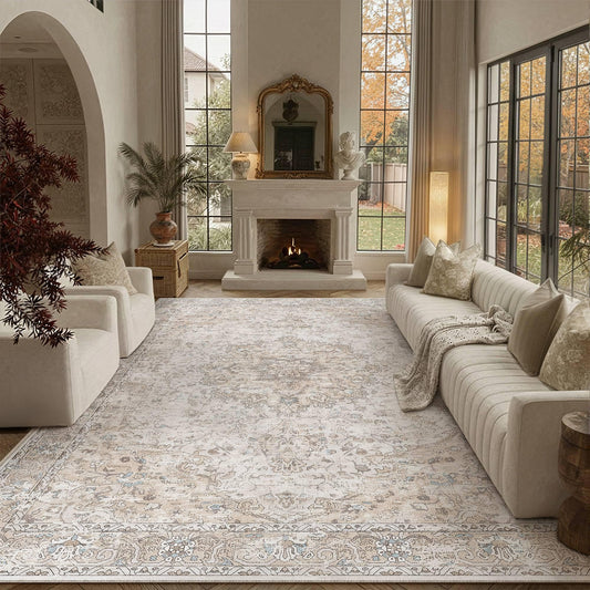 HUGEAR Area Rugs 8x10 Washable Rug for Living Room Bedroom Beige Large Vintage Rug Carpet Low Pile Non Slip No Shedding Soft Durable Indoor Dining Room Home Decor Floor Mat