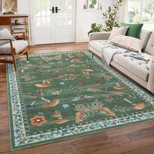 ROYHOME Mushroom Washable Rug 5x7 Area Rugs for Living Room, Insect Print for Bedroom, Non Slip Throw Rugs with Rubber Back, Soft Low Pile Dining Room Carpet for Under Table, Green