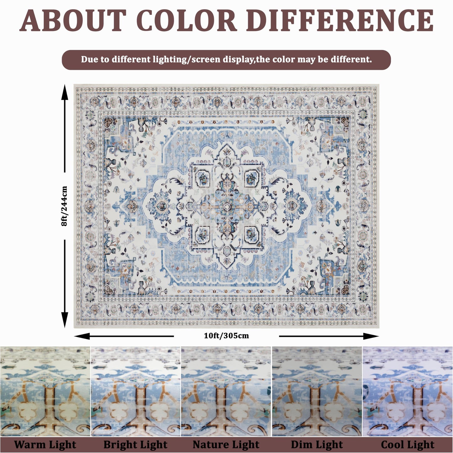 KENODITAN 9x12 Area Rug Living Room Rugs, Stain Resistant Washable Rug, Vintage Large Non-Slip Backing, Low Pile Lightweight Print Rug for Bedroom Dinning Room Home Office (White/Blue)