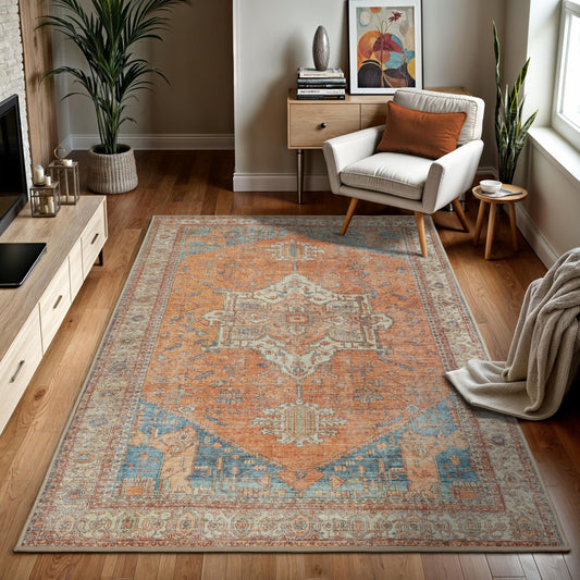 GLN Rugs Traditional - Petra - Machine Washable Area Rug, Vintage Washable, Non Slip, Low Pile Chenille Area Rug, Entryway, Hallway, Kitchen Rug - Easy Clean (3' x 5' Terra/Multicolor)