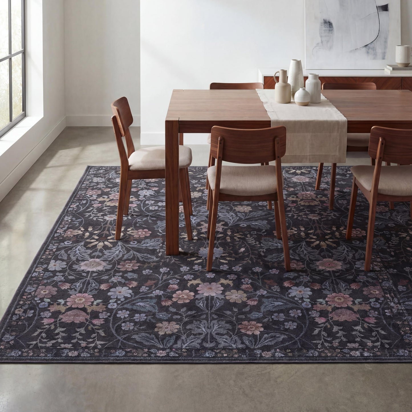 JONATHAN Y Ultra-Soft Machine-Washable Rug with Non-Skid Backing, Dark Gray/Multi 8'x10' Primrose Art Nouveau Floral Border, Non-Shedding, Velvet Luxury Feel for Living Room, Dining Room, Bedroom