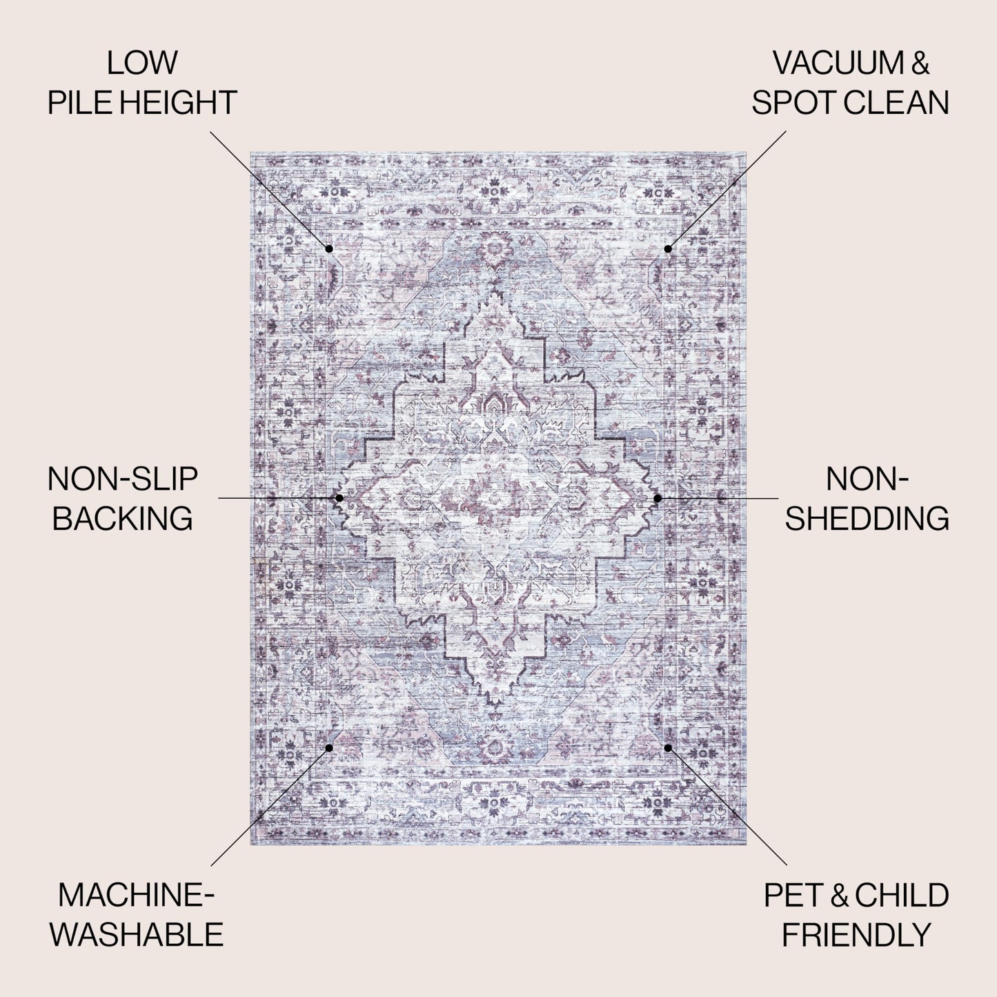 JONATHAN Y Machine Washable Gray/Purple Indoor Area Rug 4X6 ft, Didim Boho Medallion for Living Room, Bedroom, Kitchen, Office, Easy-Cleaning, High Traffic, Pet-Friendly, Non-Shedding (WSH102A-4)