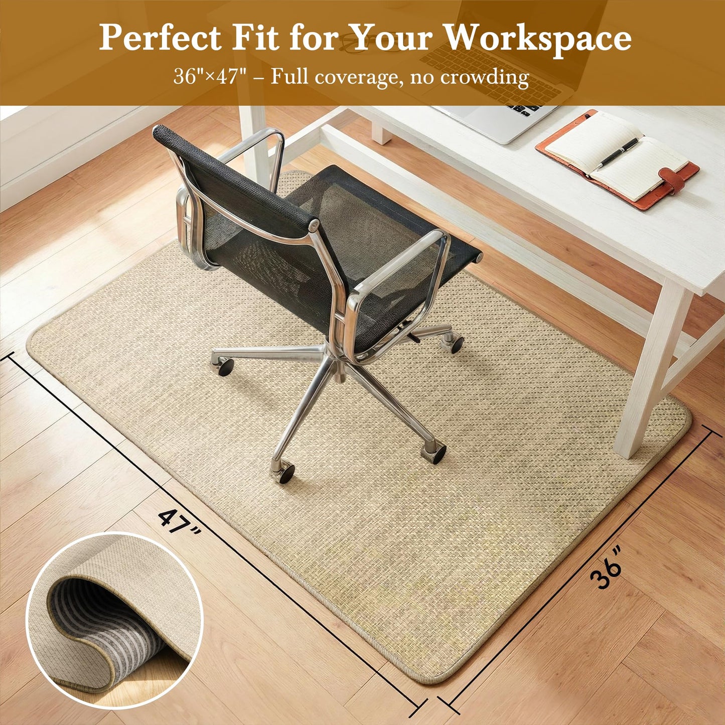 Aothia Textilene Chair Mat for Hardwood Floors - Heavy Duty Non-Slip Desk Floor Protector, Durable PVC & Polyester Blend, Easy to Clean, Ideal for Home Office (36"x47", Beige)