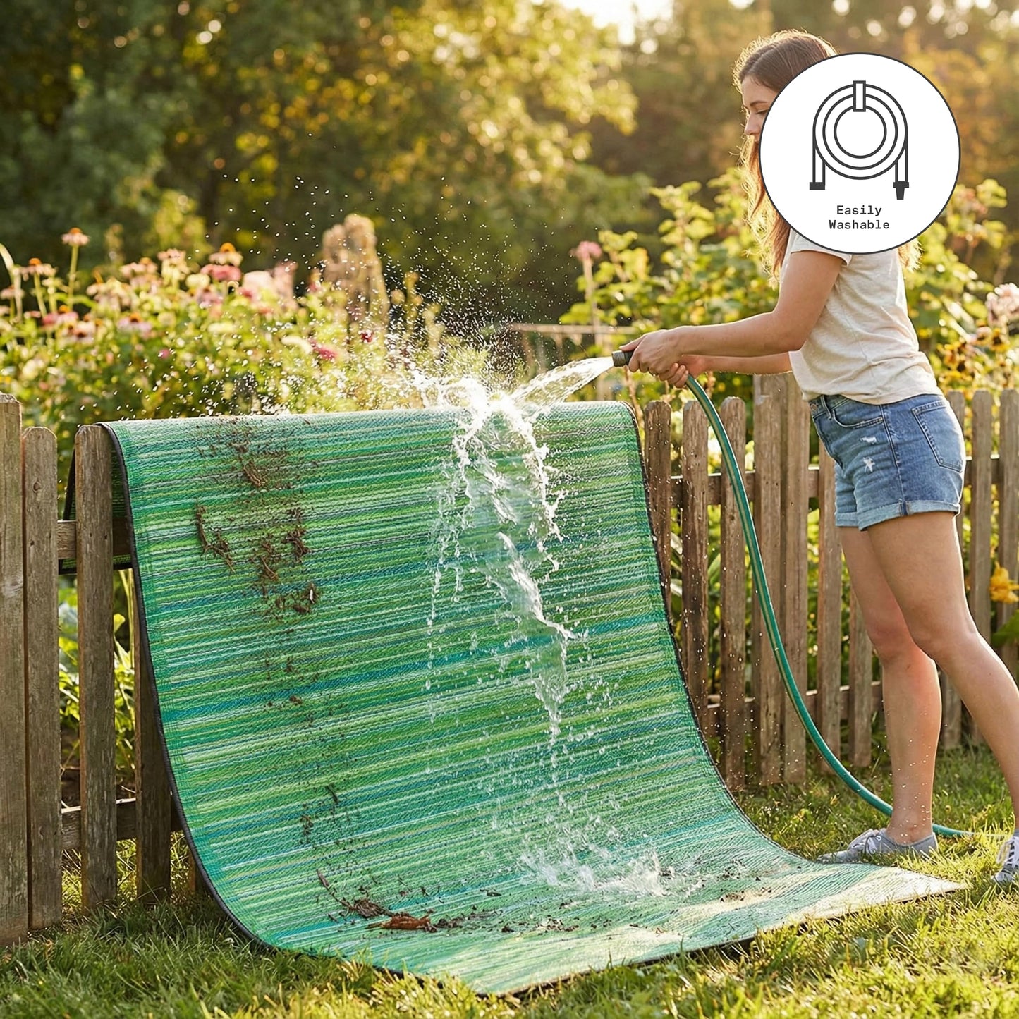 Fab Habitat Outdoor Rug - Waterproof, Fade Resistant, Crease-Free - Premium Recycled Plastic - Striped - Porch, Deck, Balcony, Mudroom, Laundry Room, Patio - Cancun - Green - 3 x 5 ft