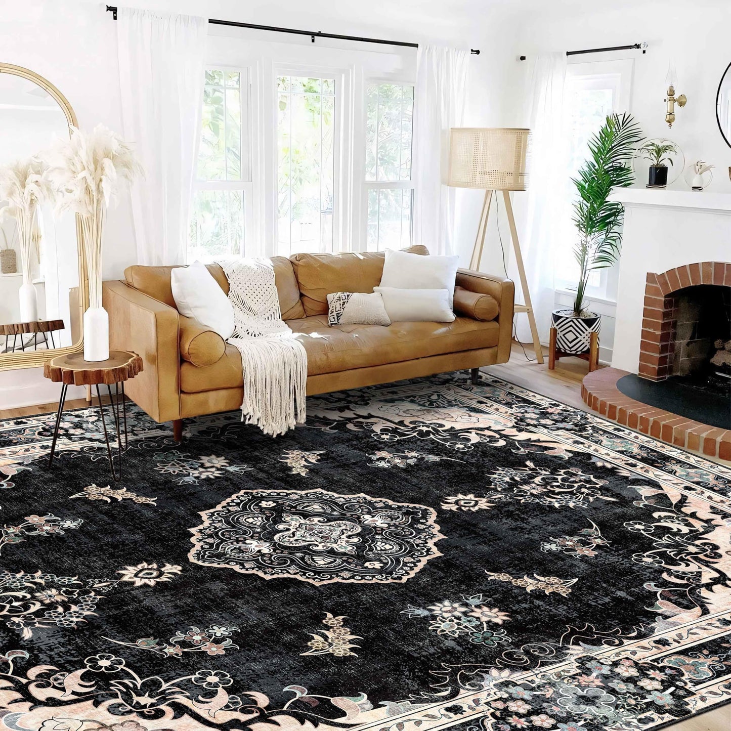 MUJOO 9x12 Area Rug Black Washable Rug Non Slip Low-Pile Floral Large