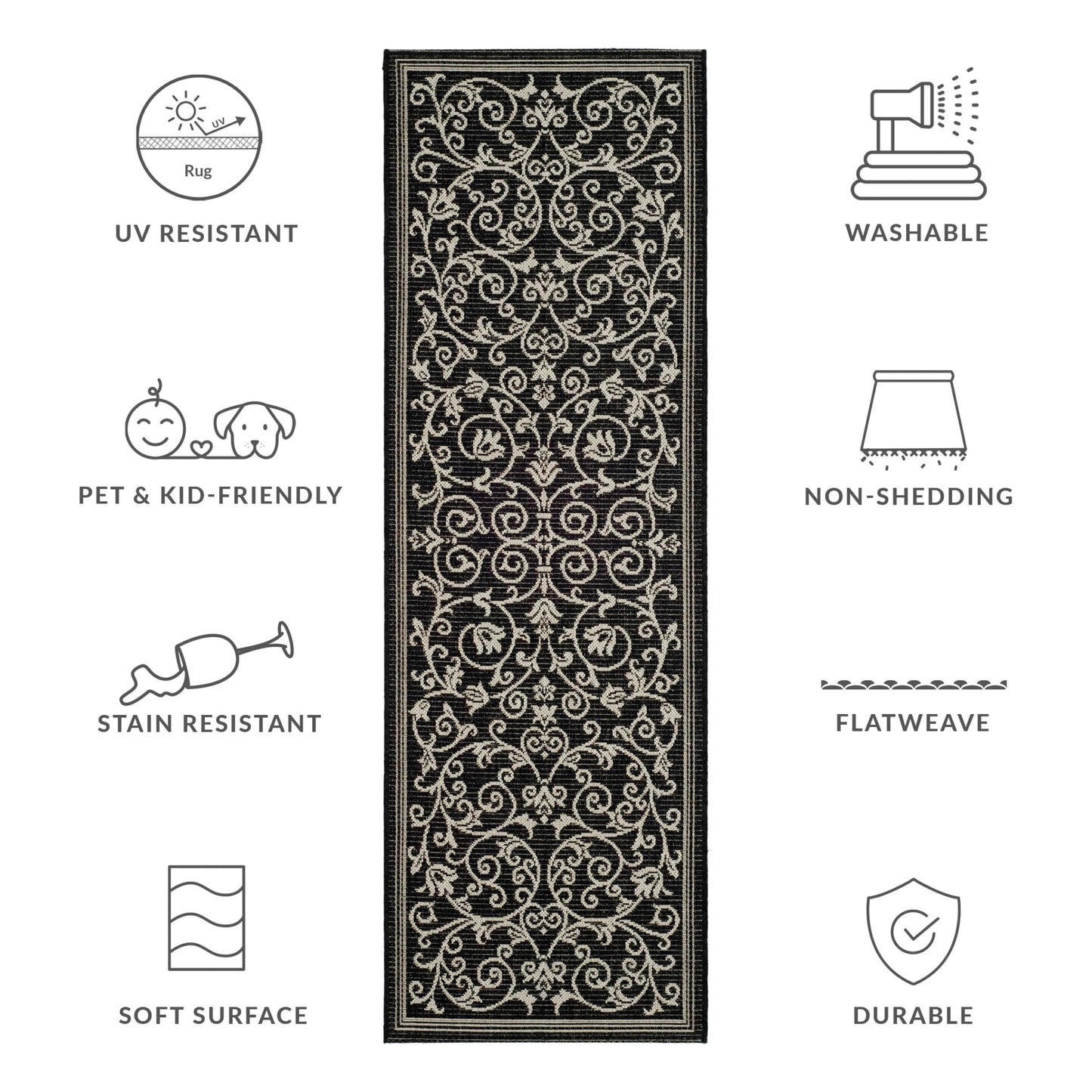 SAFAVIEH Washable Rug Outdoor Courtyard Collection - 2'3" x 6'7" Runner, Black & Sand, Non-Shedding & Easy Cleaning, Ideal for Patio, Entryway, Mudroom, Hallway, Kitchen (CY2098-3908)