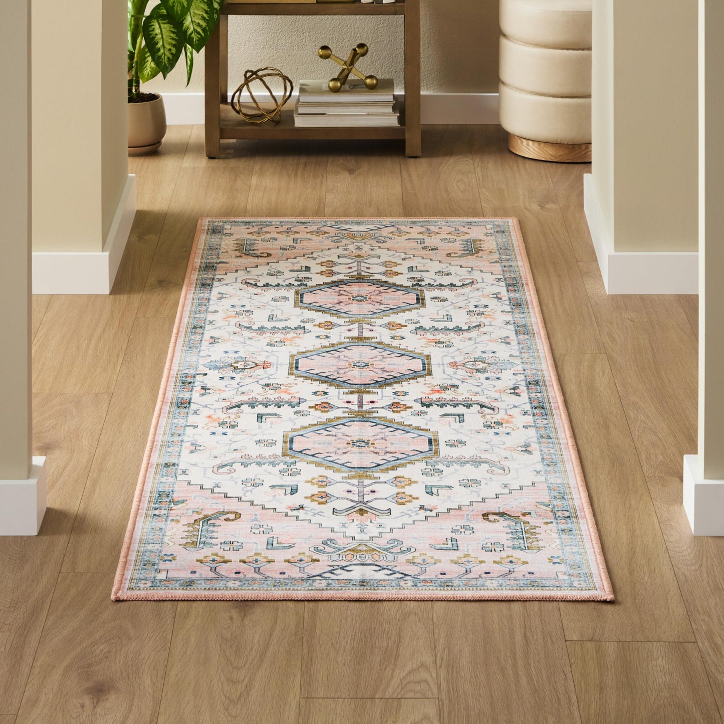 EVERWASH Haven Modern Medallion Machine Washable Area Rug with Airflo Technology for Easy Clean, Ultra-Soft Non-Slip Rug with Built-in Pad, Pet, Family & Allergy Friendly Rug, Blush, 2'6"x7'