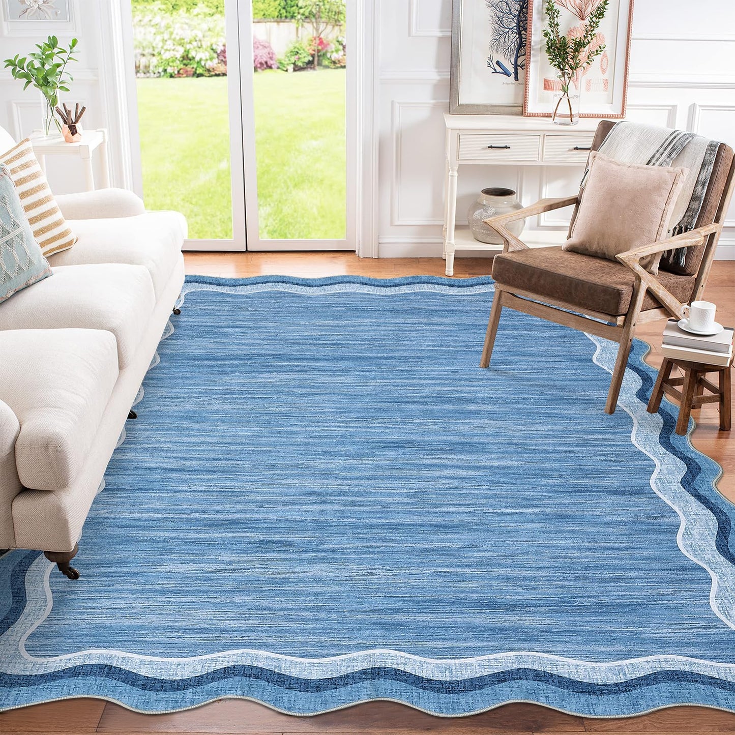 GarveeHome Scalloped Washable 8x10 Rugs for Living Room Bedroom Large Scalloped Solid Rug Non-Slip Stain Resistant Carpet Easy Clean Kids&Pet Friendly Carpet for Nursery Dining Room Table Dorm Blue