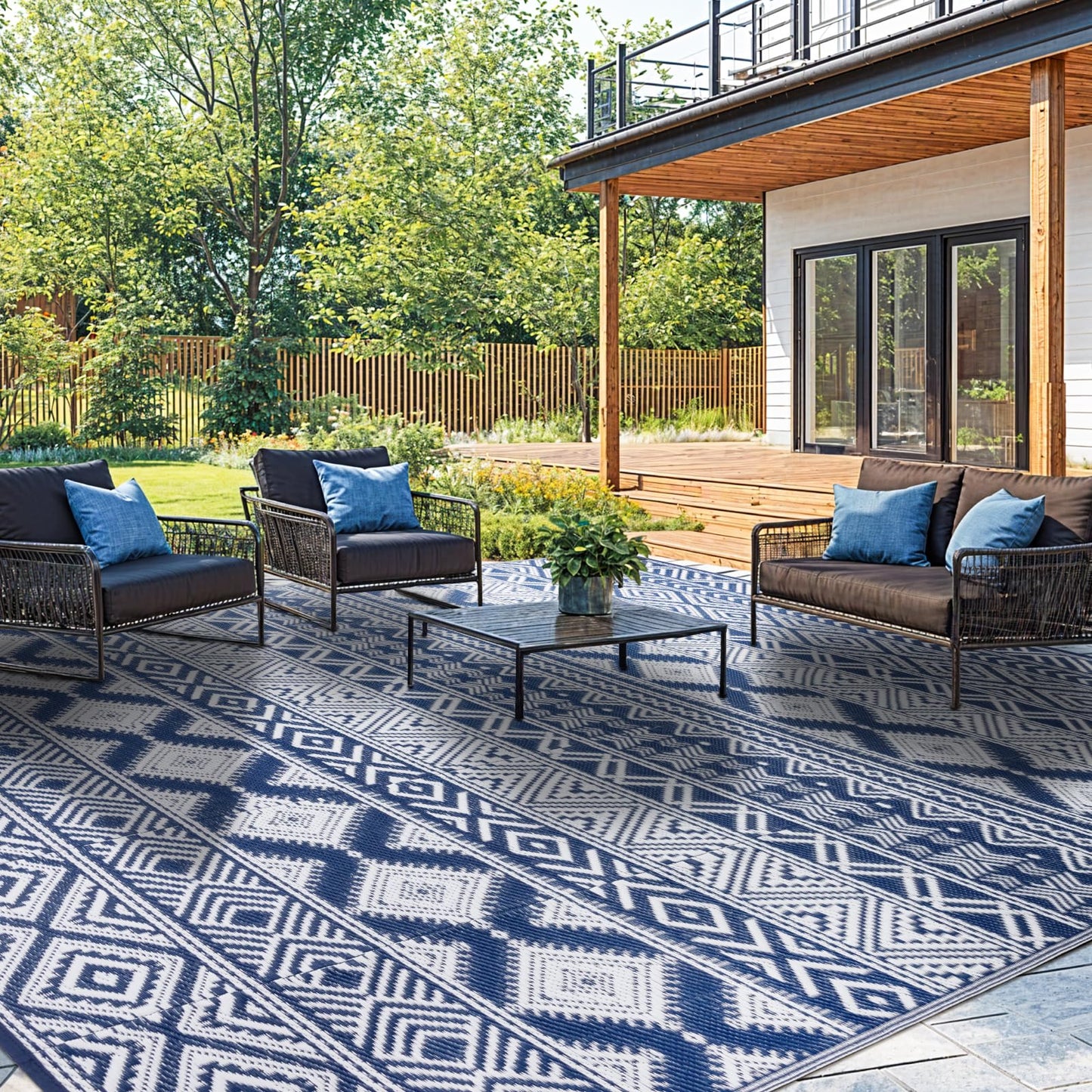 Waterproof Outdoor Rug 8x10 ft, Reversible Plastic Straw Patio Camping Rugs, Outdoor Indoor RV Mat Carpet for Patio, Outside Entry, Backyard, Deck, Bench, Picnic, Camper(8x10,Blue&White)