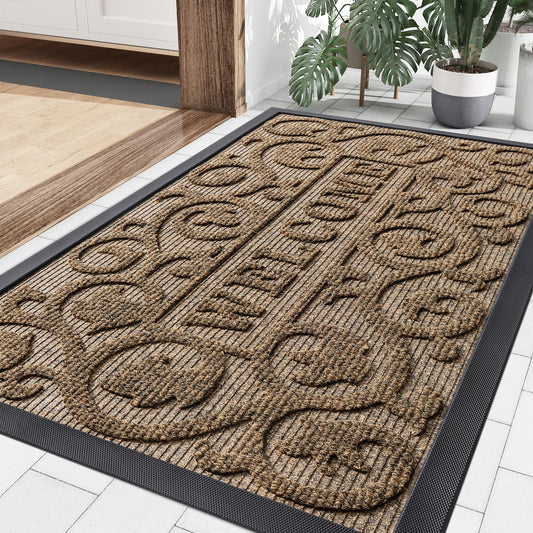 Smiry Welcome Door Mat Outside Entrance, Heavy Duty Trap Dirt and Moisture Easy Clean Low Profile Patio Porch Indoor Outdoor Front Doormat for Entry, 35x23 Inch, Brown