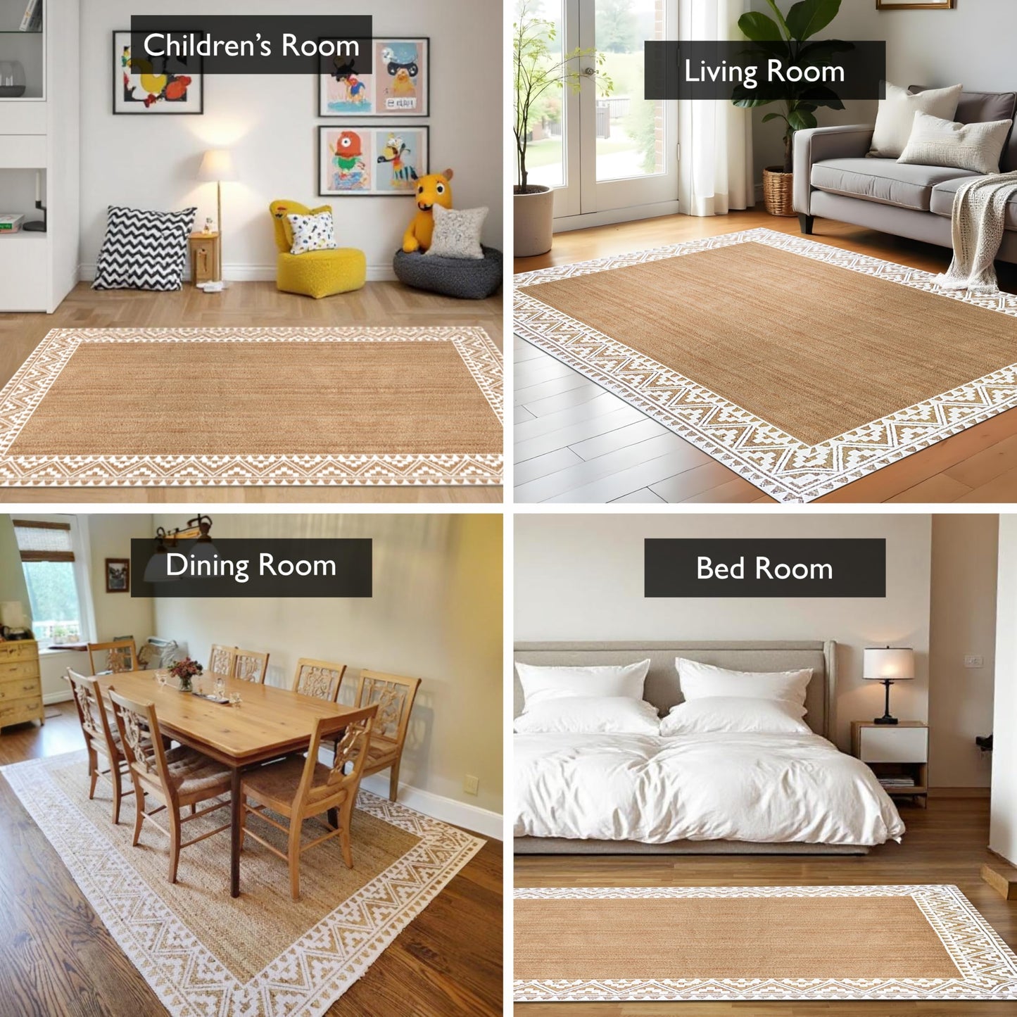 voyzz home 5X8 Feet-Rectangular, Premium Natural Jute Braided Area Rug, White Printed Border, Stain Resistance, Natural Brown, Handmade Rug for Entryways, Living Room, Dining Room, Bedroom, Farmhouse