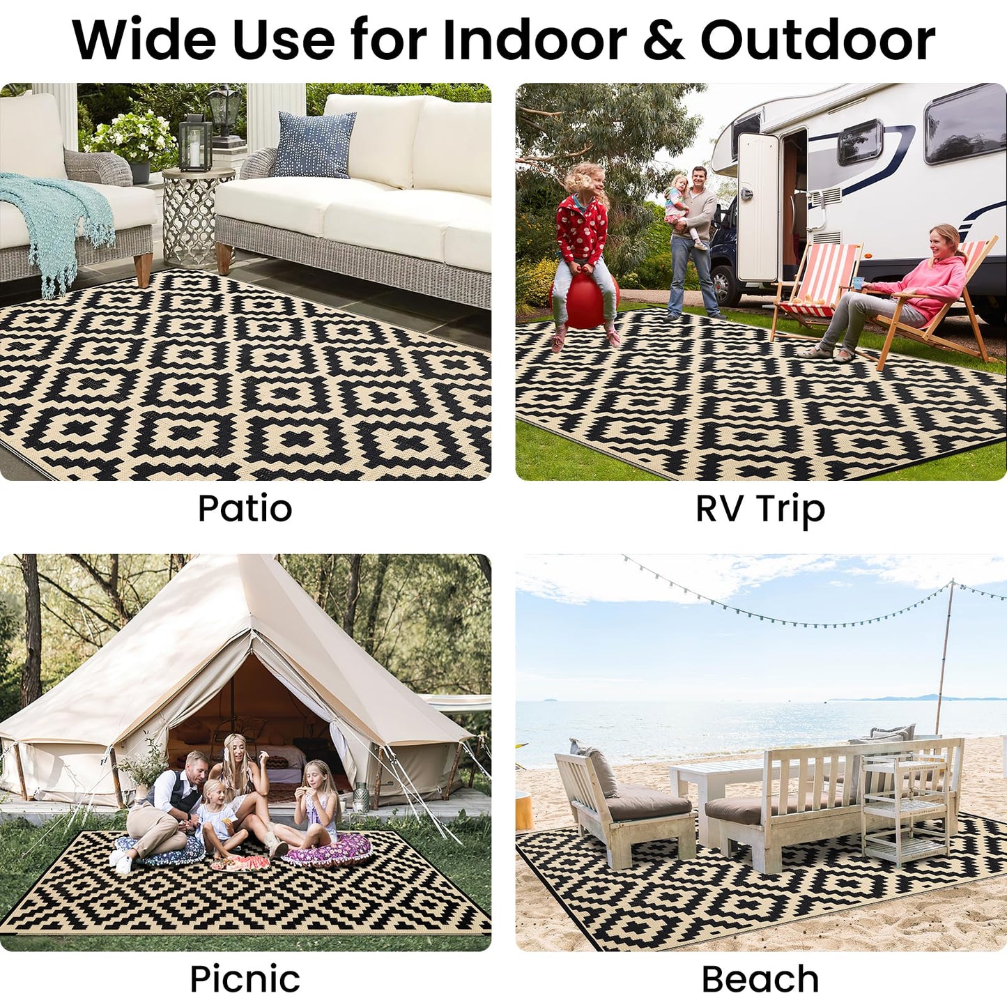 Smiry Waterproof Outdoor Rug 8x10 ft, Reversible Plastic Straw Patio Camping Rugs, Outdoor Indoor RV Mat Carpet for Patio, Outside Entry, Backyard, Deck, Bench, Picnic, Camper, Black & Beige