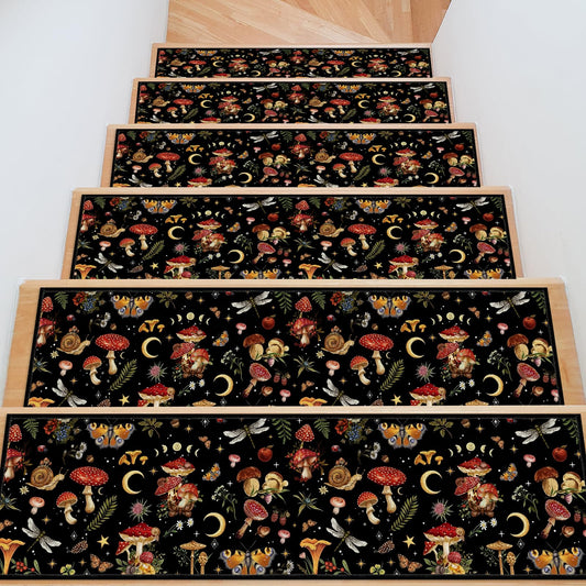 InIsaJace Stair Treads for Wooden Steps 15 Pack, Mushroom Stair Runners Non Slip and Washable, Vintage Forest Rug Carpet for Stairs with Silicone Backing 8" X 30"