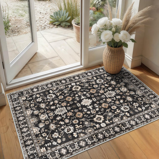 Washable 2x3 Area Rug for Entry Bathroom Kitchen Bedroom Carpet - Indoor Soft Non Slip Low Pile Throw Small Door mat - Protect Hardwood and Laminate Flooring Floral Farmhouse Decor 2x3 Black