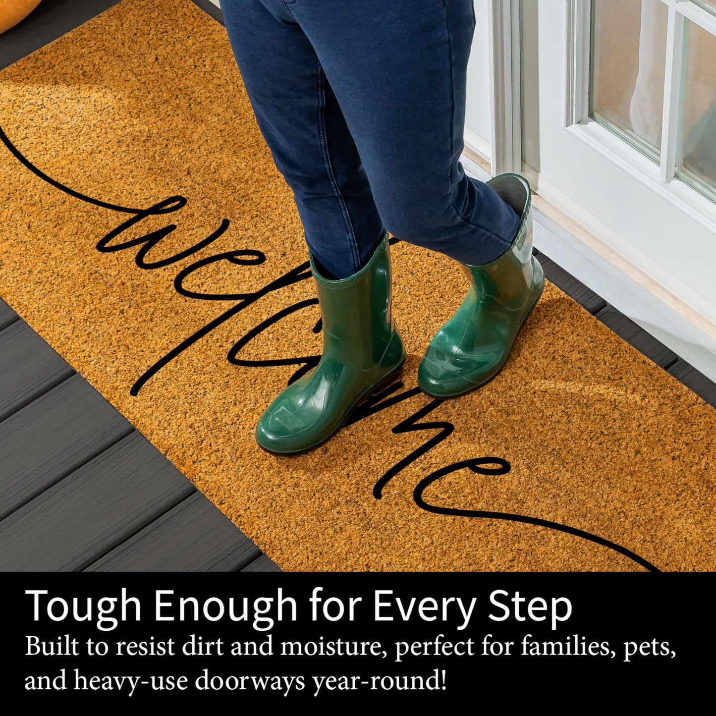 Evergreen Nature Coir Doormat, 2'x5' Large Welcome Mats for Double Doors, Outdoor Indoor Entrance Rug, Non-Slip Front Door Mat for Outside Porch Patio (Coastal Welcome, 60"x24")