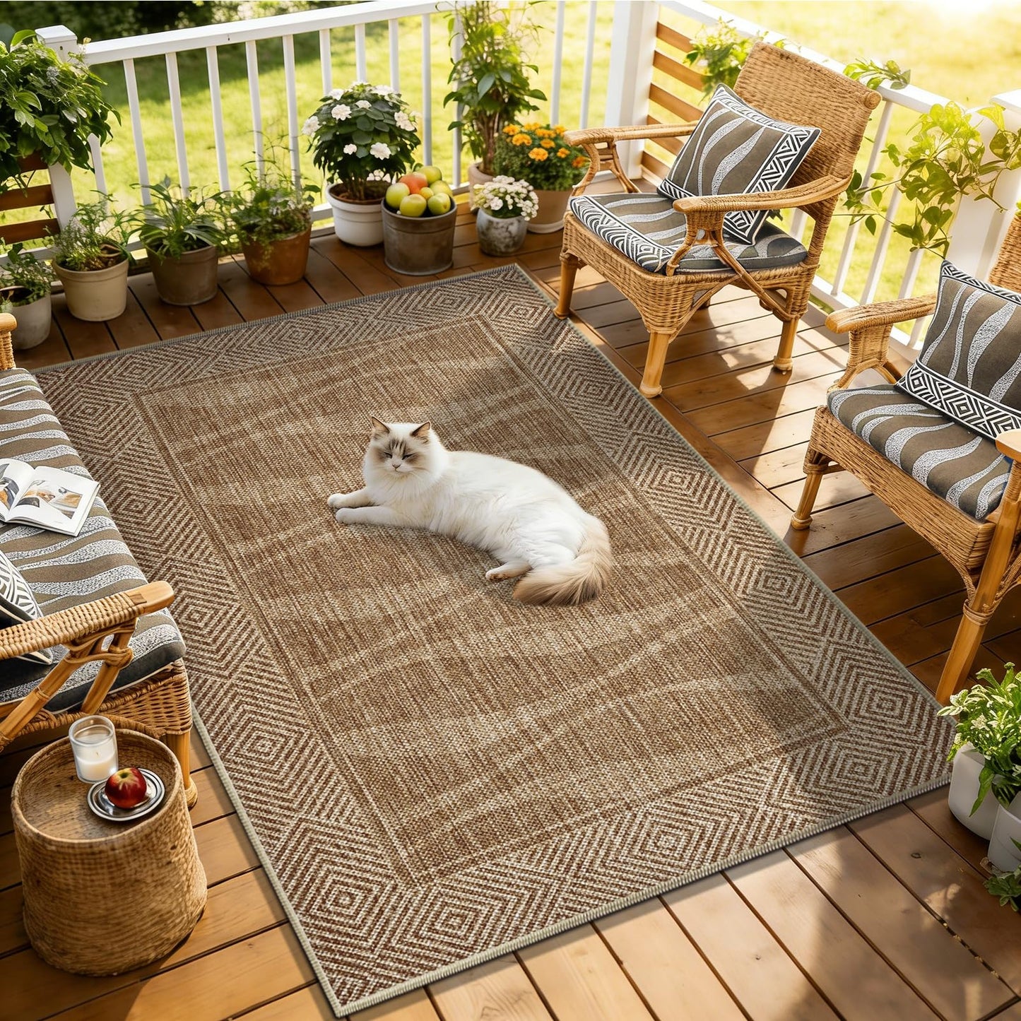 Jute Rug 3x5 Outdoor Patio Rug with Border, Washable Rugs for Entryway Porch, Farmhouse Non Slip Area Rugs with Rubber Backing, Non Shedding Carpet for Indoor Outdoor Bedroom, Courtyard, Light Brown