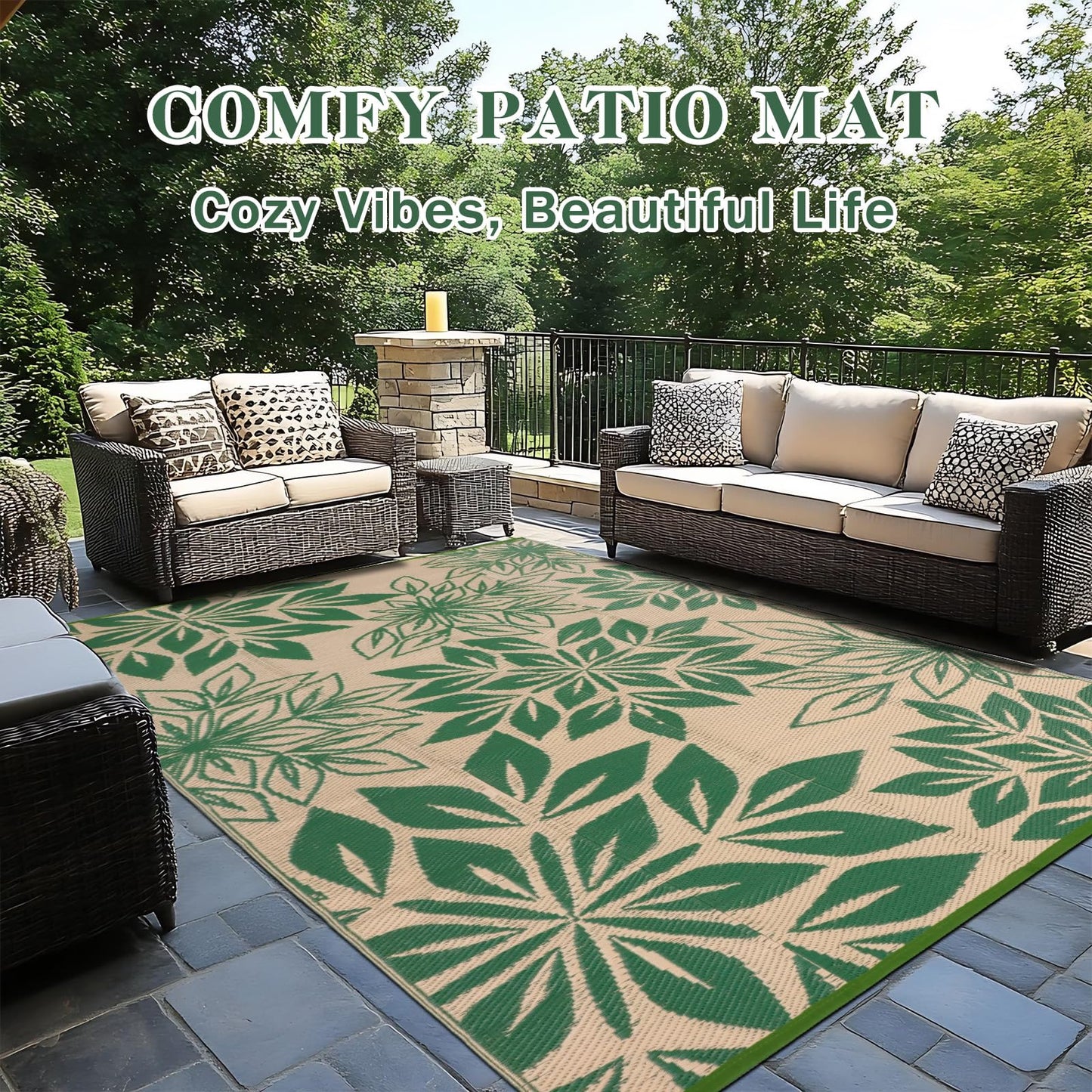 TUKDAK Waterproof Outdoor Rugs 5x8, Green Outdoor Plastic Straw Rug Double-Sided, Fade Resistant Patio Rug, Easy Cleaning RV Camping Mats Outside Carpet Portable for Balcony Porch Garden Deck Picnic