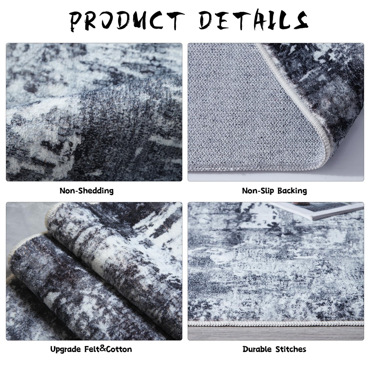 Rugcomf Area Rug 5x7 Washable Rug Boho Soft Abstract Pattern Non-Slip Faux Wool Vintage for Living Room, Bedroom, Farmhouse, Dining Room, Kids Playroom, Grey and Black